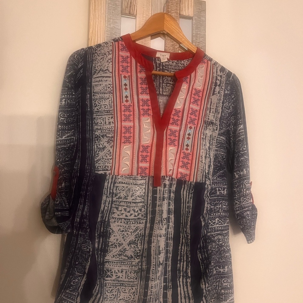 Bohemian Print and embroidered Women's Top with Red and Blue S